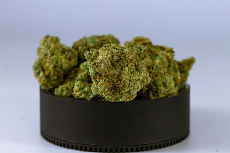 High-quality close-up image of cannabis buds in a black container, showcasing their texture and detail.