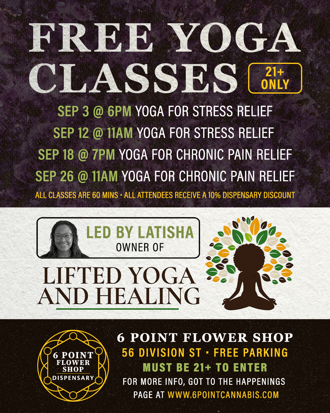 Free yoga classes at 6 Point Flower Shop - September 2026 lineup