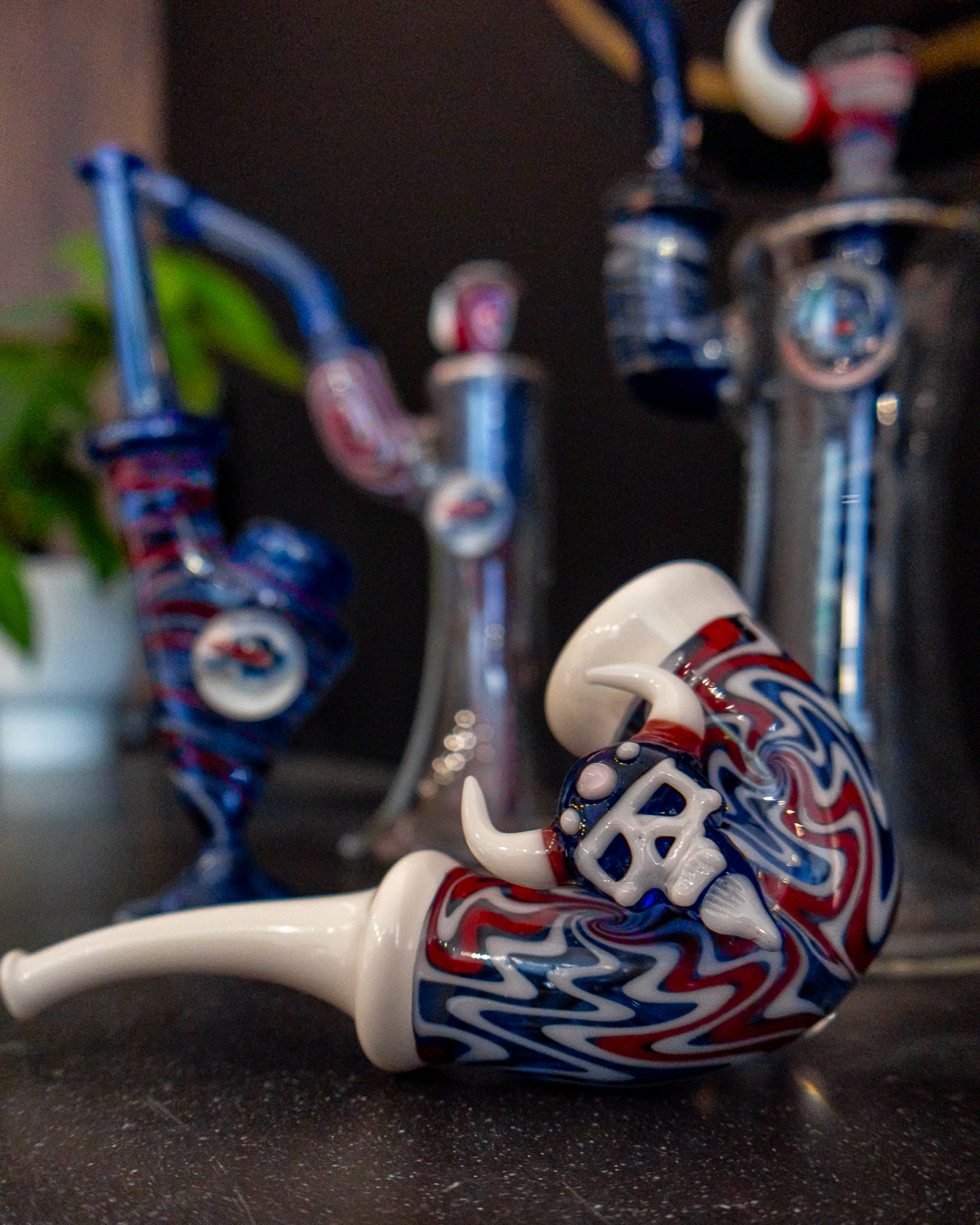 Bills inspired glass hand pipe with a buffalo skull detail at 6 Point Flower Shop