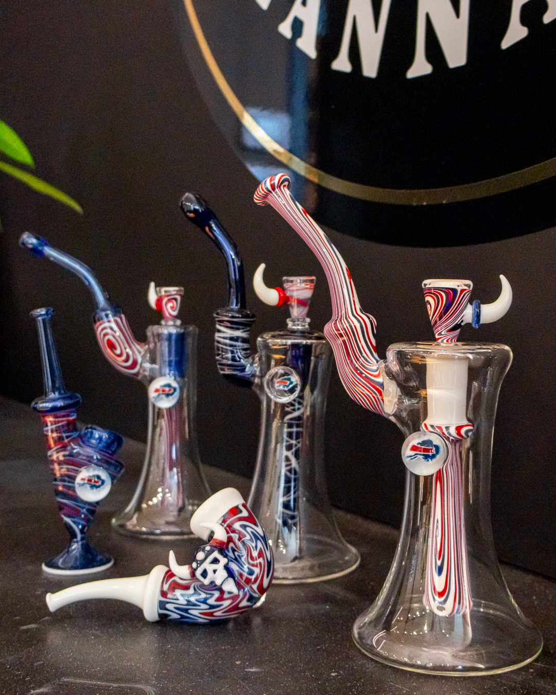Bills themed glass art on display at 6 Point Flower Shop in Rochester NY